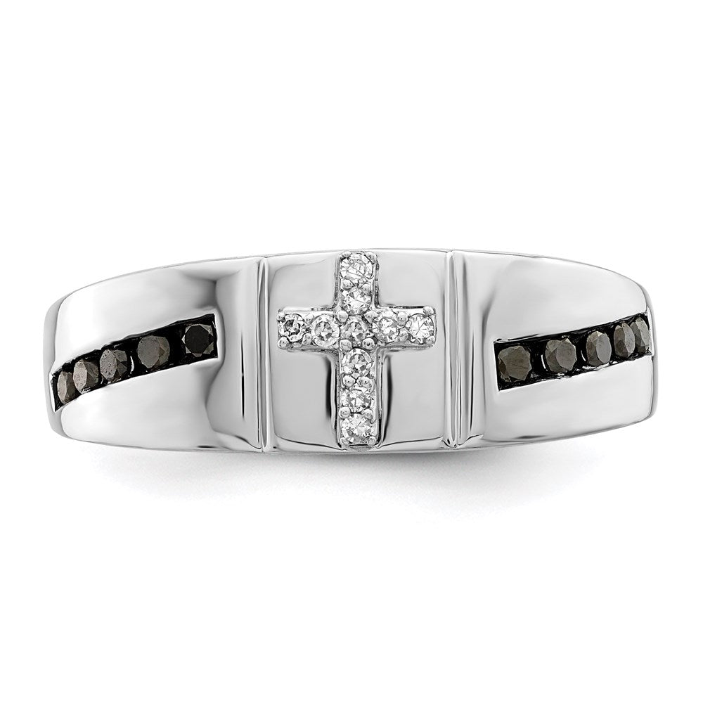 Sterling Silver Rhodium Plated Black and White Diam. Cross Men's Ring