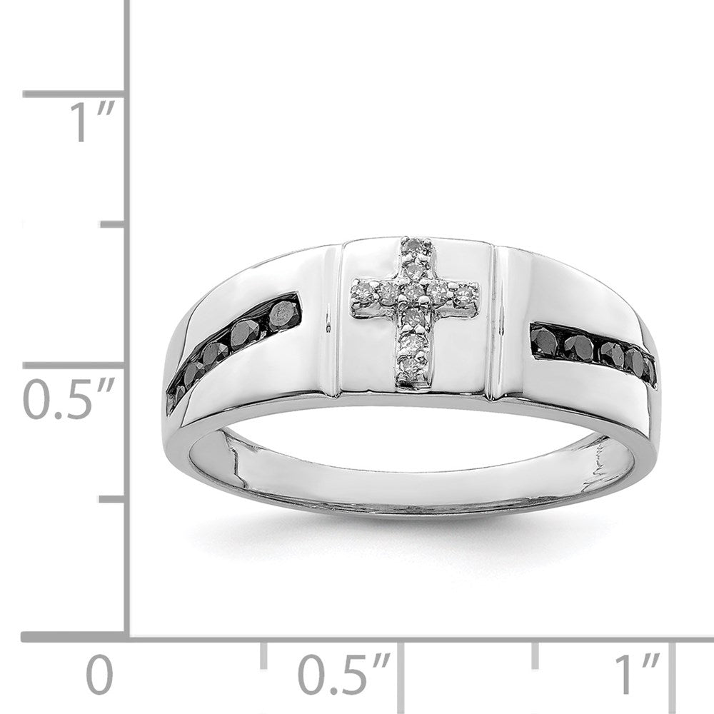 Sterling Silver Rhodium Plated Black and White Diam. Cross Men's Ring