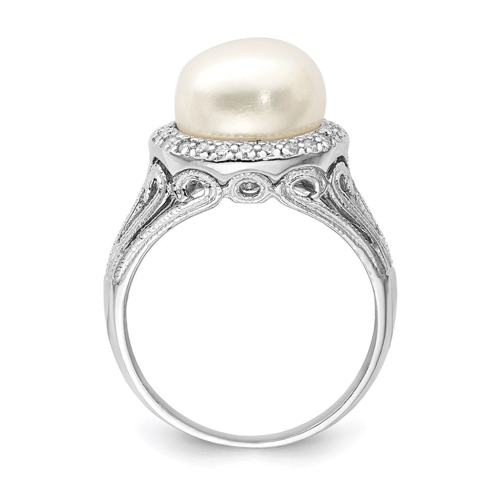 Sterling Silver Rhod-plated 10-11mm White FW Cultured Pearl and CZ Ring