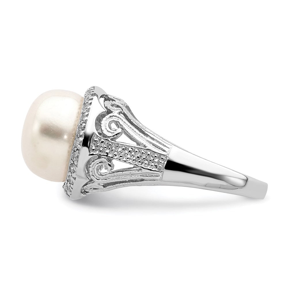 Sterling Silver Rhod-plated 10-11mm White FW Cultured Pearl and CZ Ring