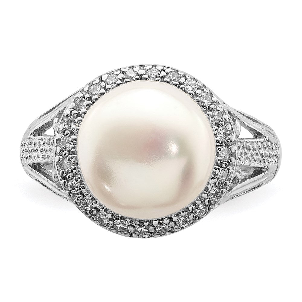 Sterling Silver Rhod-plated 10-11mm White FW Cultured Pearl and CZ Ring