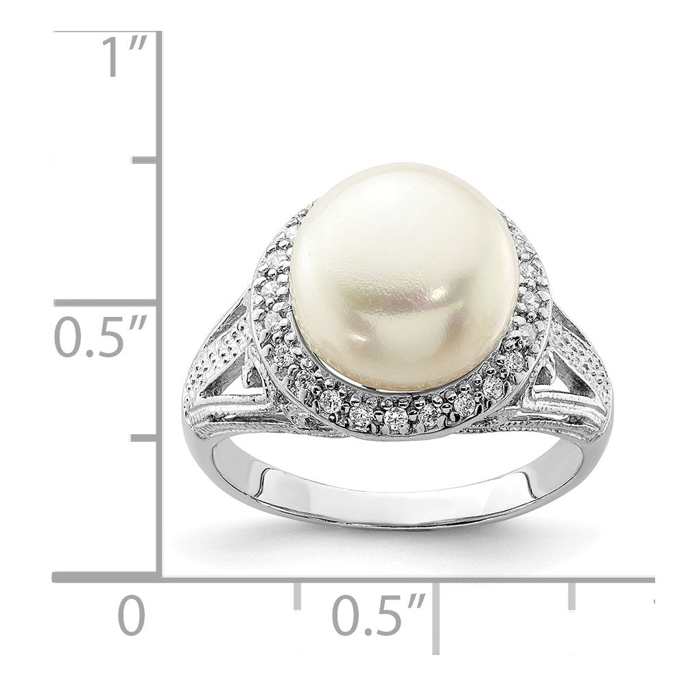 Sterling Silver Rhod-plated 10-11mm White FW Cultured Pearl and CZ Ring