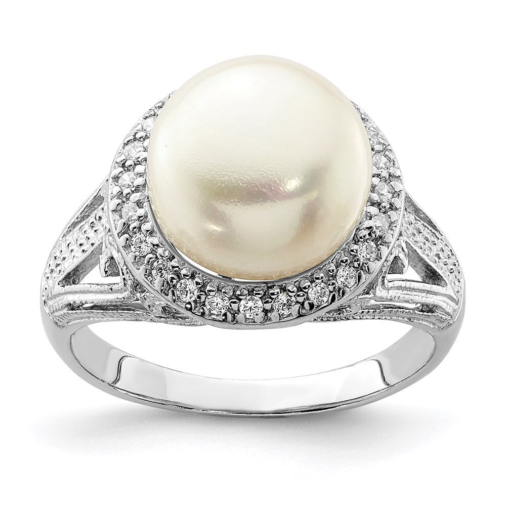 Sterling Silver Rhod-plated 10-11mm White FW Cultured Pearl and CZ Ring