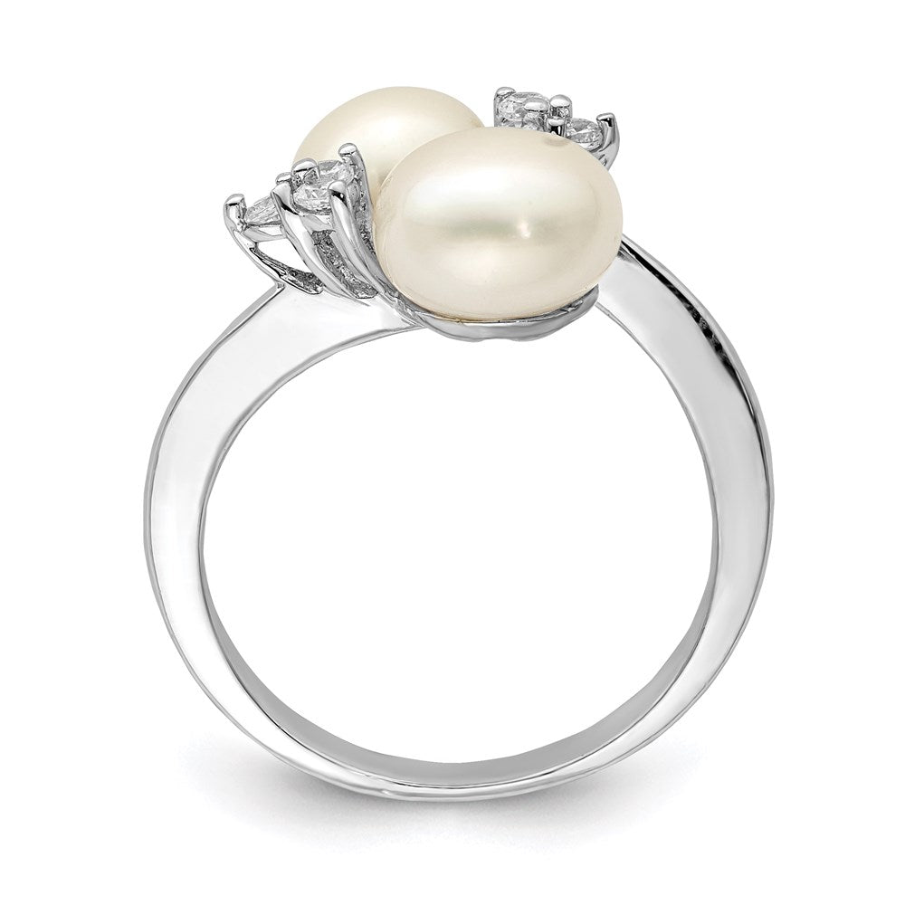 Sterling Silver Rh-plated 8-9mm White 2-FW Cultured Pearl and CZ Ring