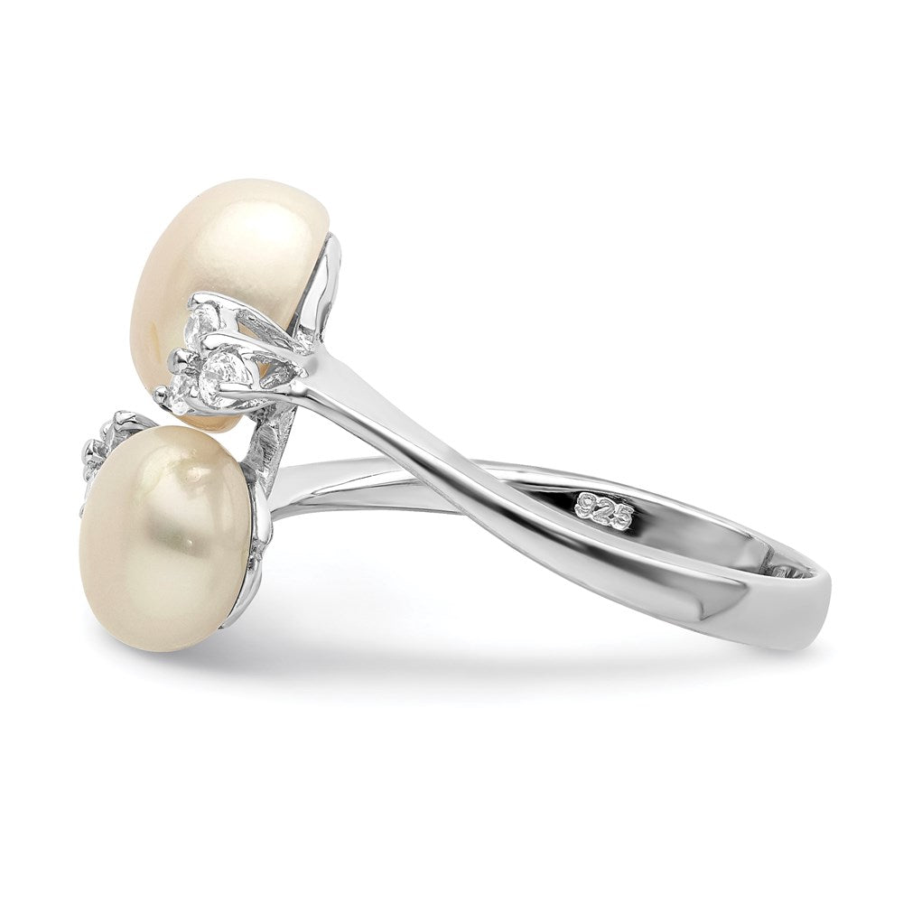 Sterling Silver Rh-plated 8-9mm White 2-FW Cultured Pearl and CZ Ring