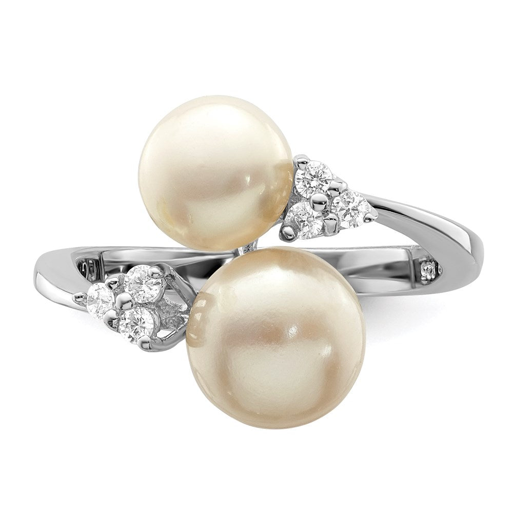 Sterling Silver Rh-plated 8-9mm White 2-FW Cultured Pearl and CZ Ring