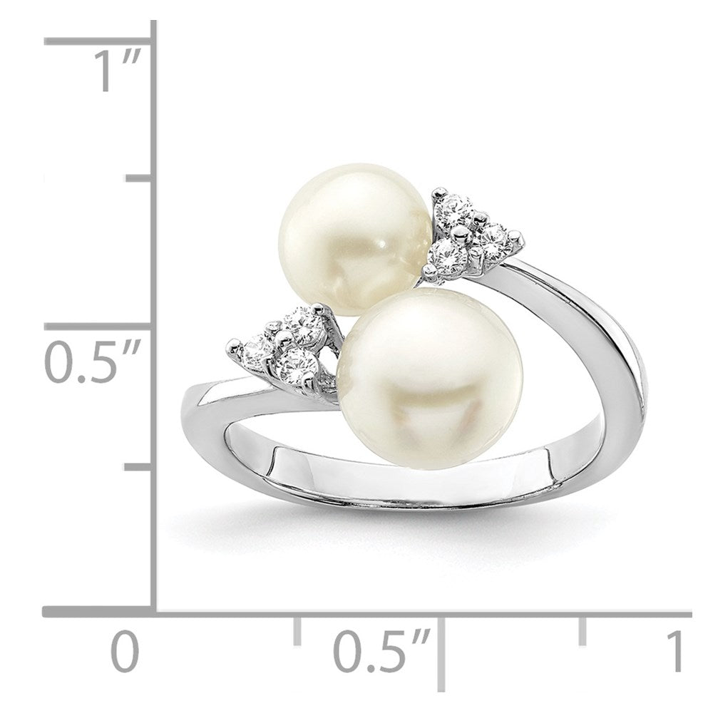 Sterling Silver Rh-plated 8-9mm White 2-FW Cultured Pearl and CZ Ring