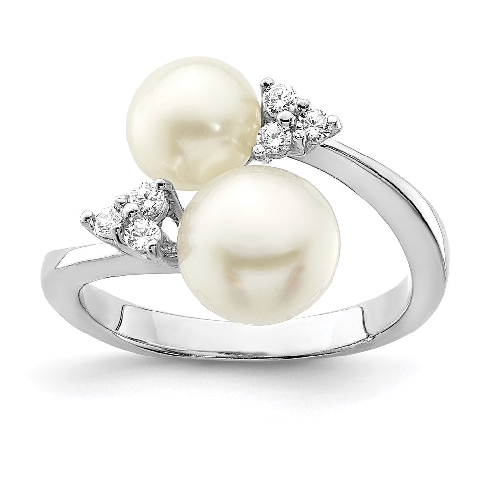 Sterling Silver Rh-plated 8-9mm White 2-FW Cultured Pearl and CZ Ring