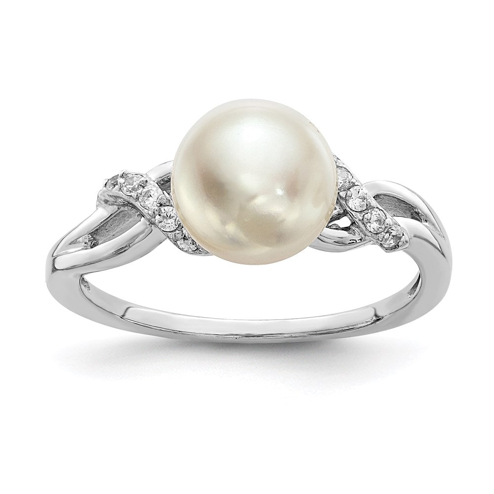 Sterling Silver Rhodium-plated 8-9mm White FWC Pearl CZ Ring