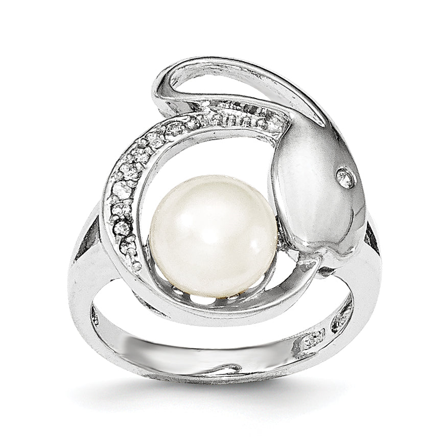 Sterling Silver w/CZ 8-9mm FW Cultured Button Pearl Ring