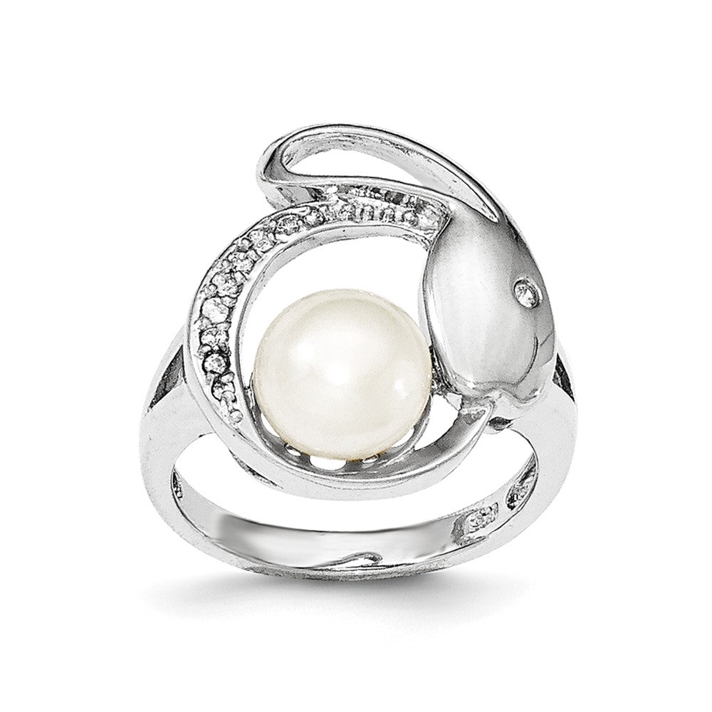 Sterling Silver w/CZ 8-9mm FW Cultured Button Pearl Ring