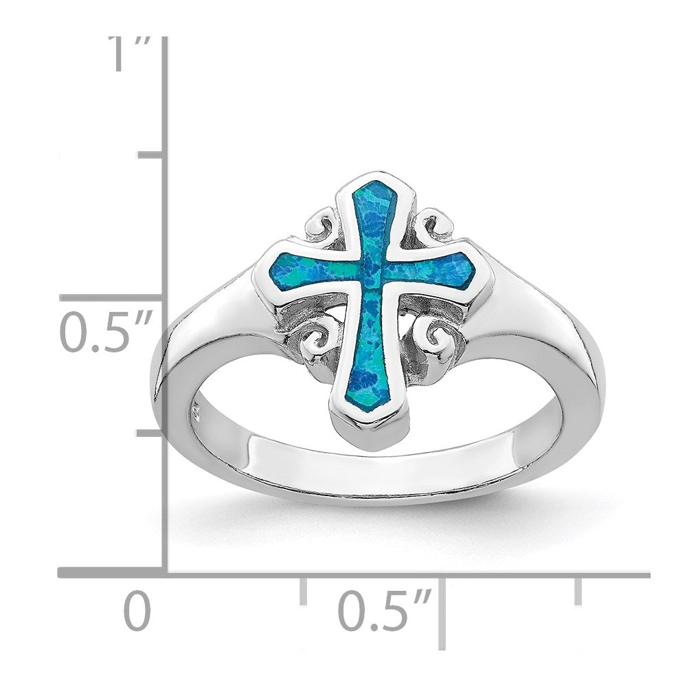 Sterling Silver Rhodium-plated Blue Inlay Created Opal Cross Ring