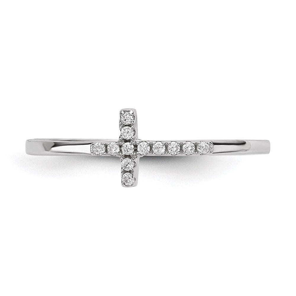 Sterling Silver Rhodium-plated CZ Side Cross Polished Ring