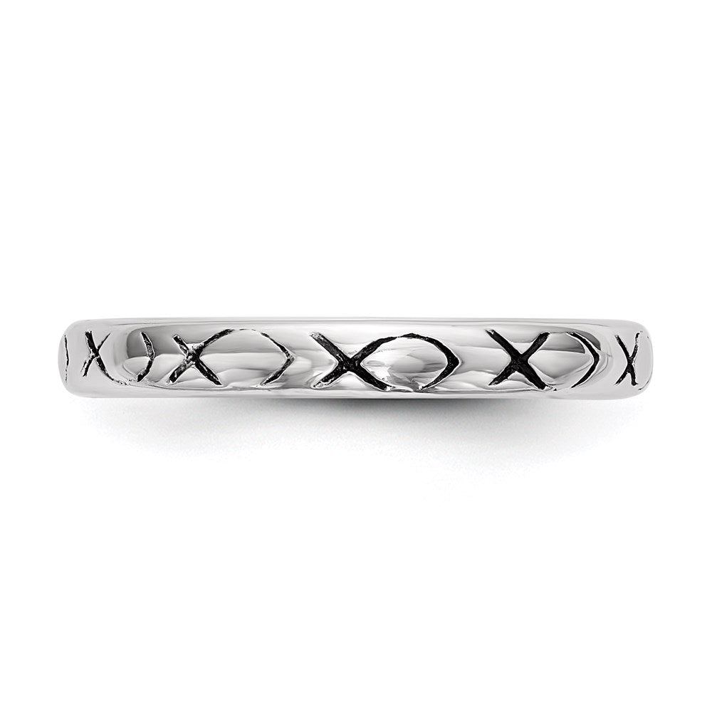 Sterling Silver Rhodium-plated Polished Antiqued Ichthus Ring