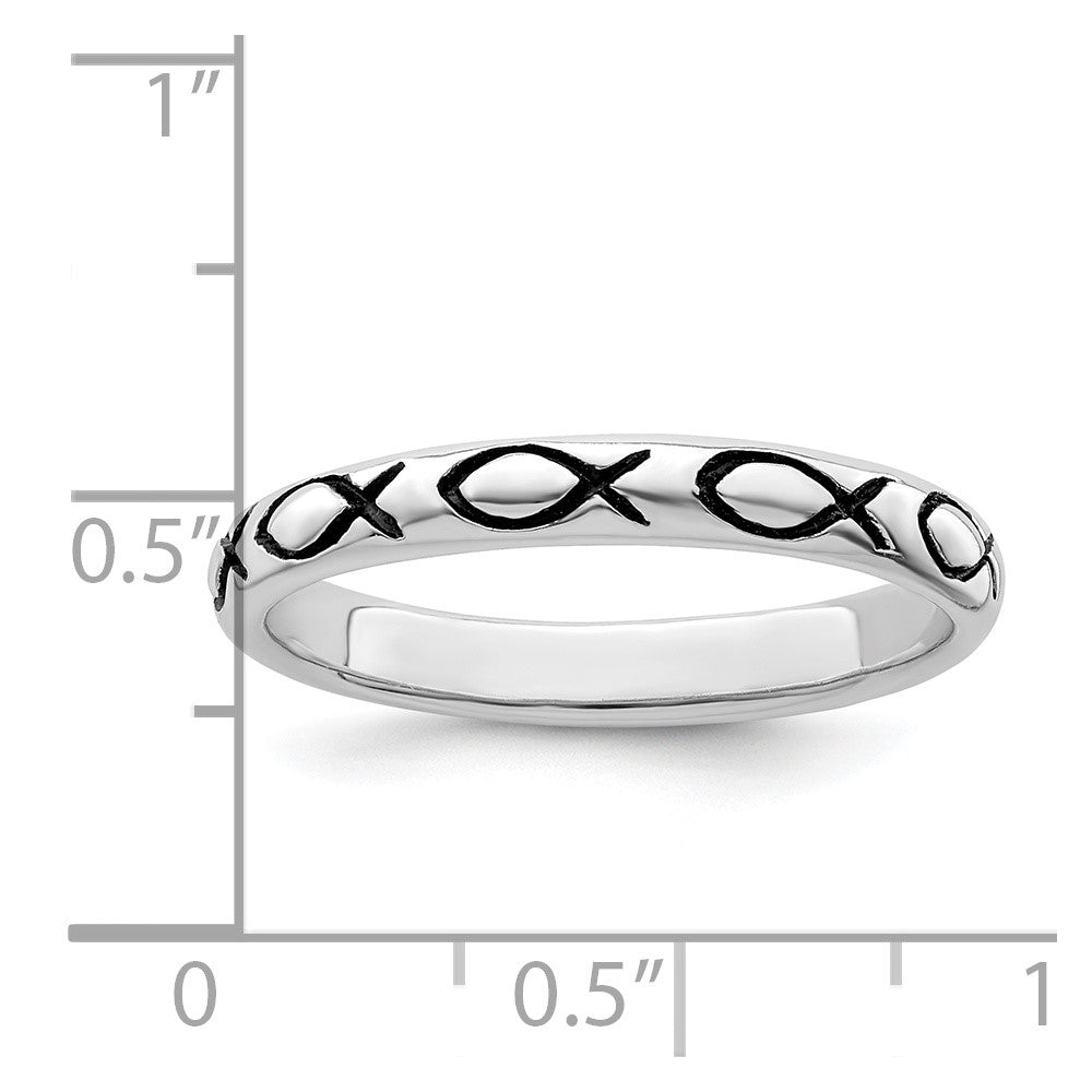 Sterling Silver Rhodium-plated Polished Antiqued Ichthus Ring