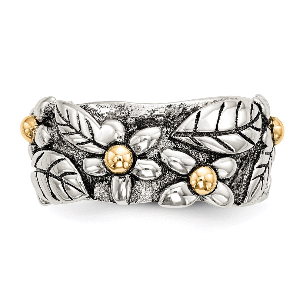 Sterling Silver w/14k Antiqued Leaves & Flowers Band