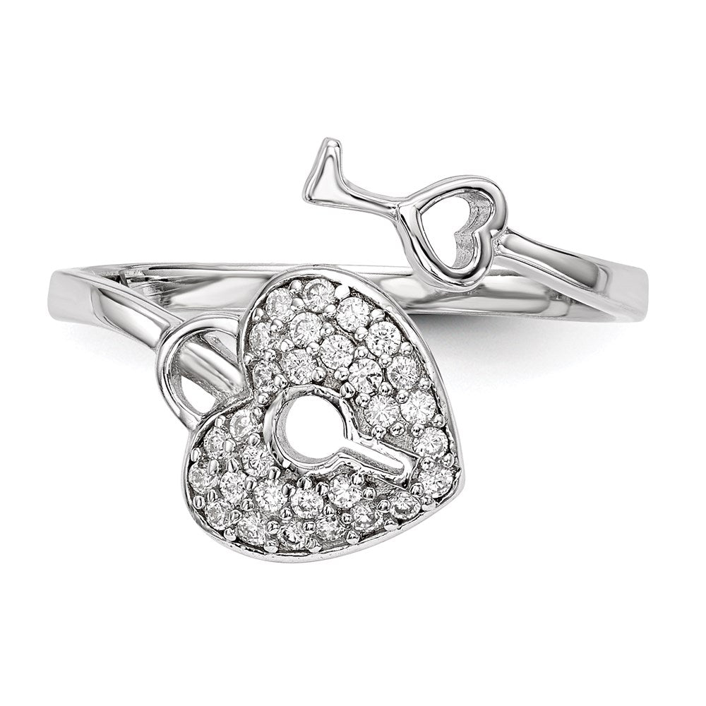 Sterling Silver Rhodium-plated CZ Heart Lock and Key Ring