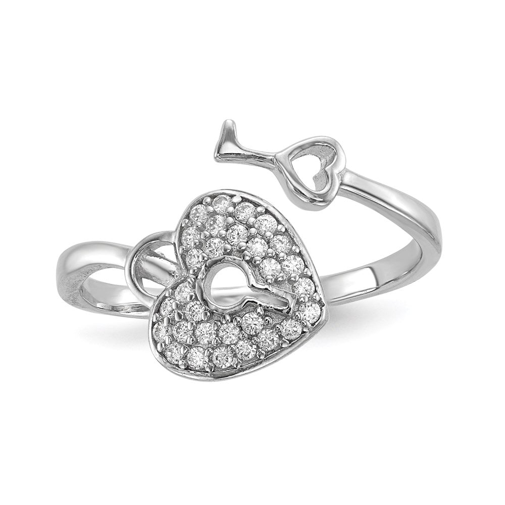 Sterling Silver Rhodium-plated CZ Heart Lock and Key Ring