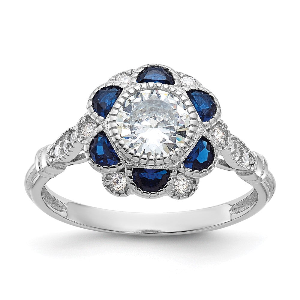 Sterling Silver Rhodium-plated CZ and Lab Cr. Blue Sapphire Flower Ring