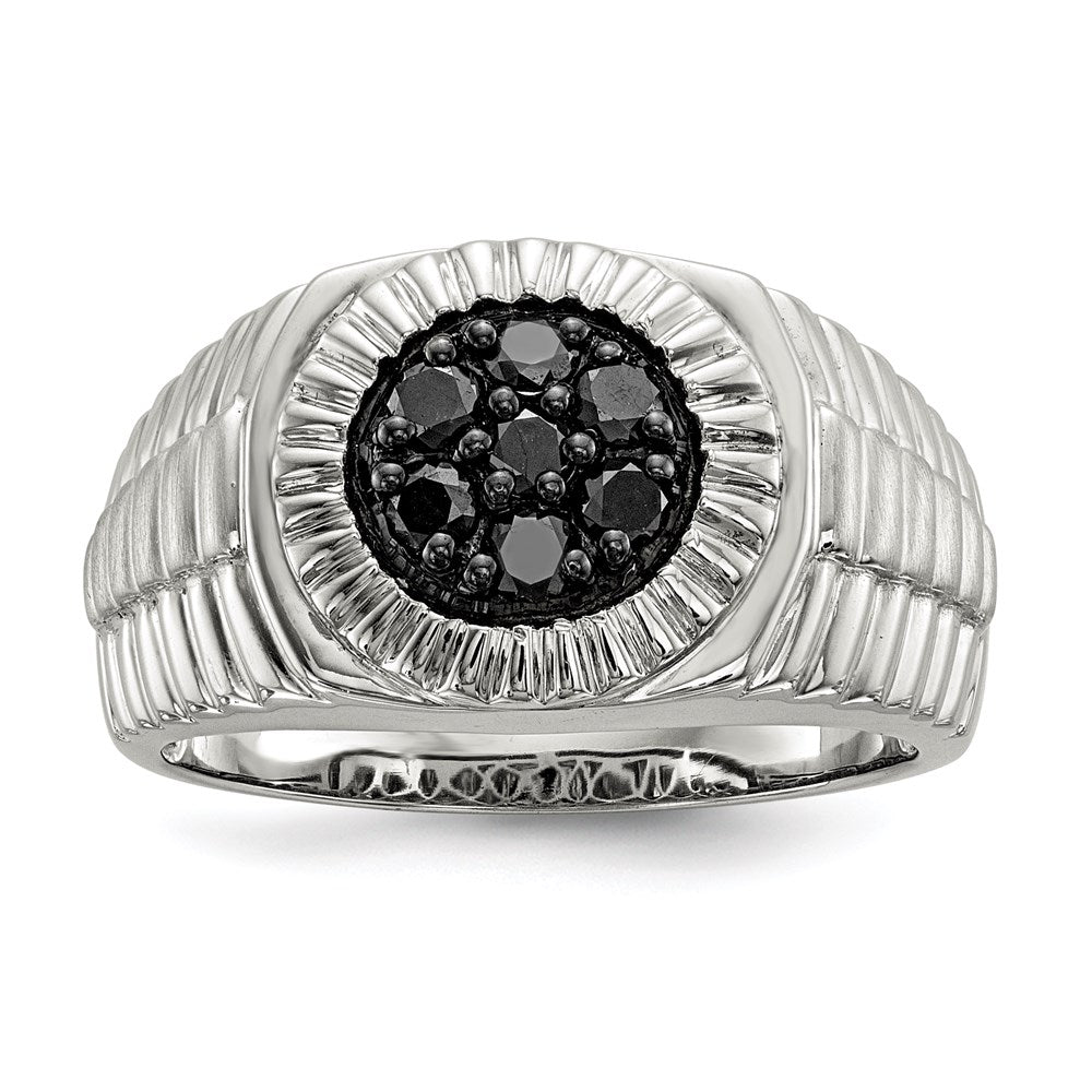 Sterling Silver Rhod-plated Mens Black Diamond Polished/Satin Ring