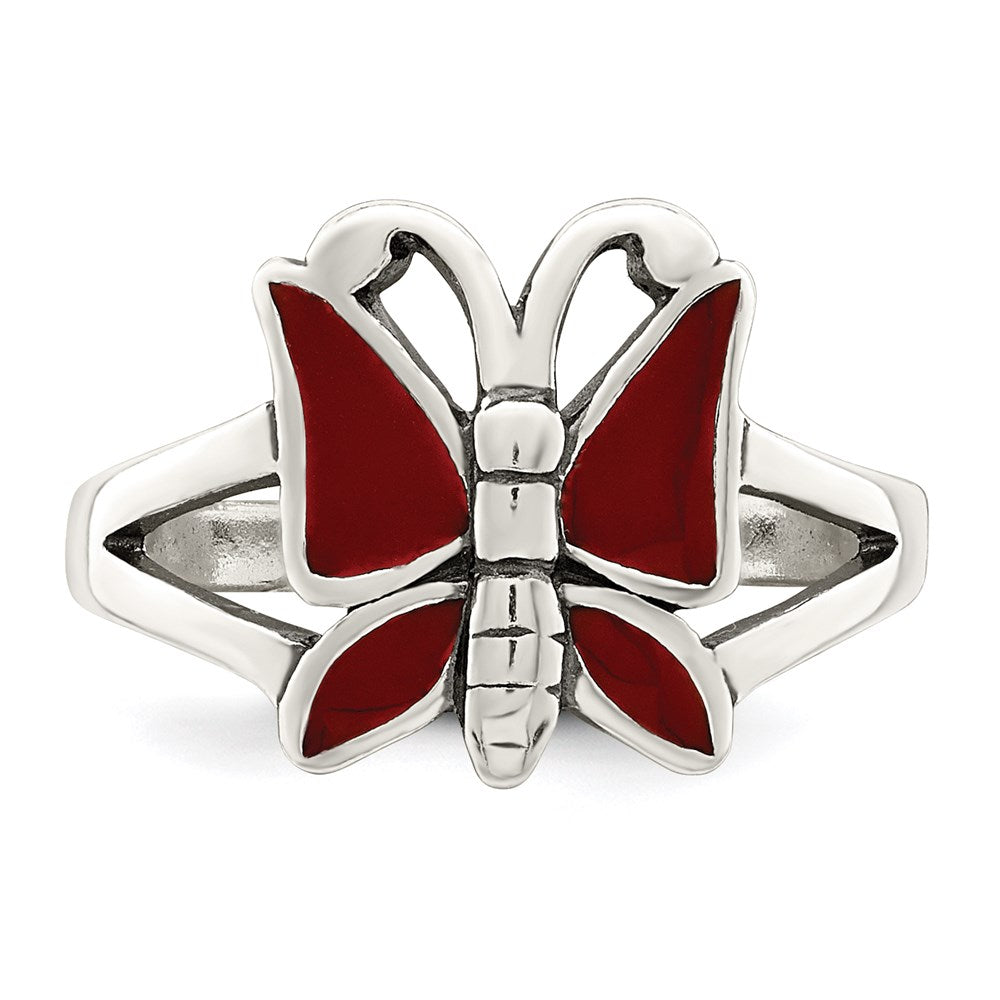 Sterling Silver Antiqued Red Enameled Butterfly Toe Ring