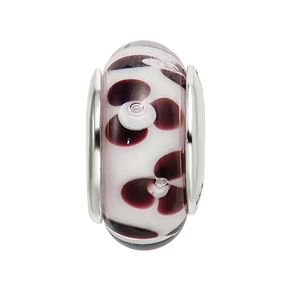 Sterling Silver Reflections Brown Floral Hand-blown Glass Bead