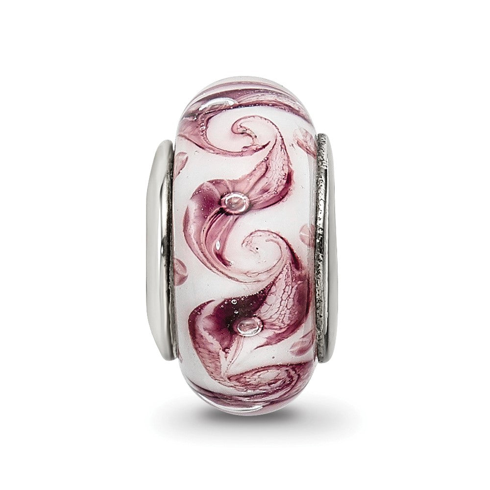 Sterling Silver Reflections White/Mauve Swirl Hand-blown Glass Bead