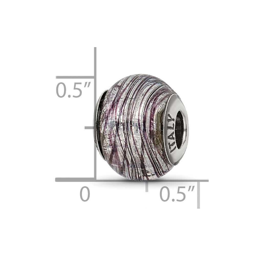 Sterling Silver Reflections Italian Murano Purple Stripes Glass Bead