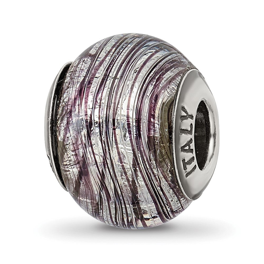 Sterling Silver Reflections Italian Murano Purple Stripes Glass Bead