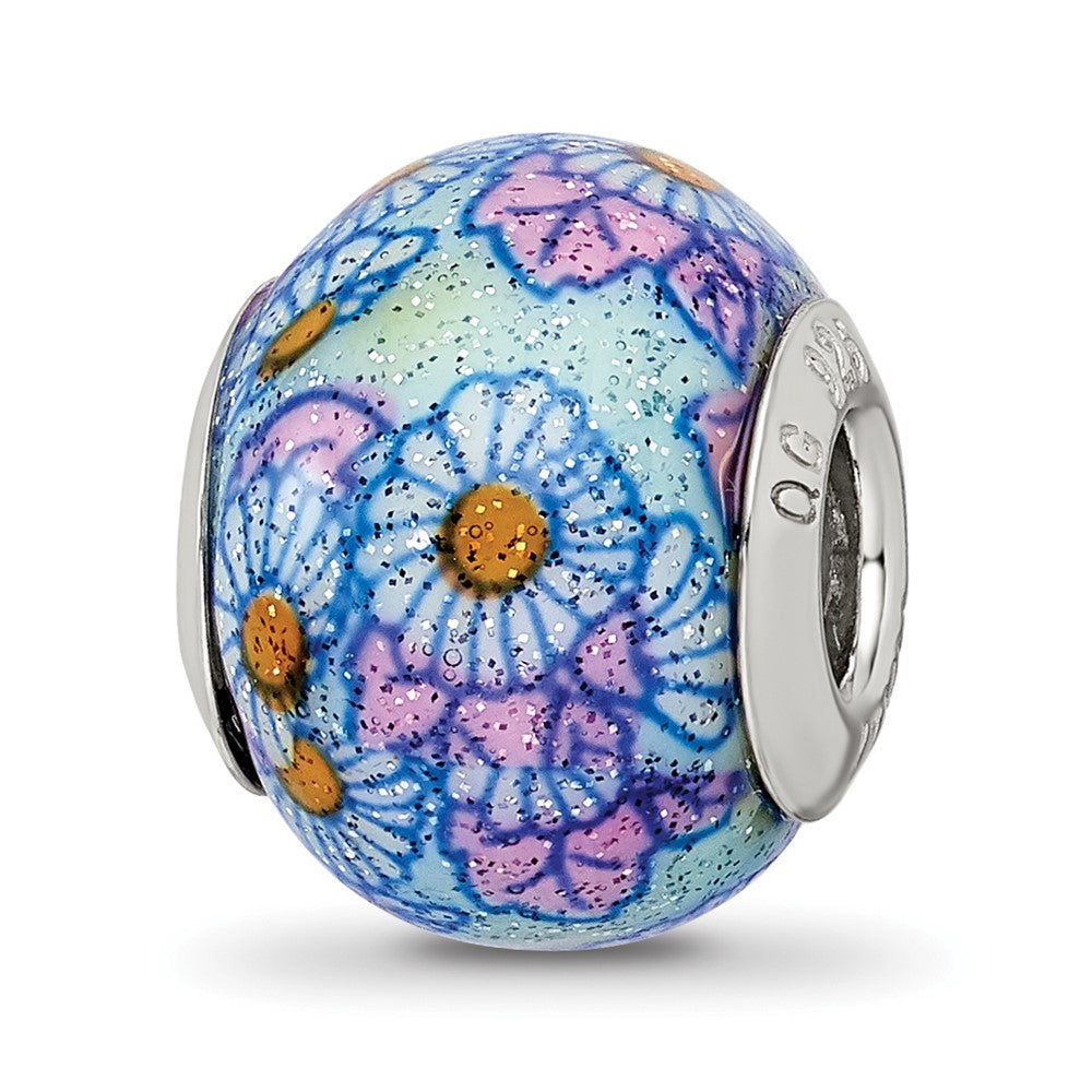 Sterling Silver Reflections Italian Blue Floral Overlay Glass Bead