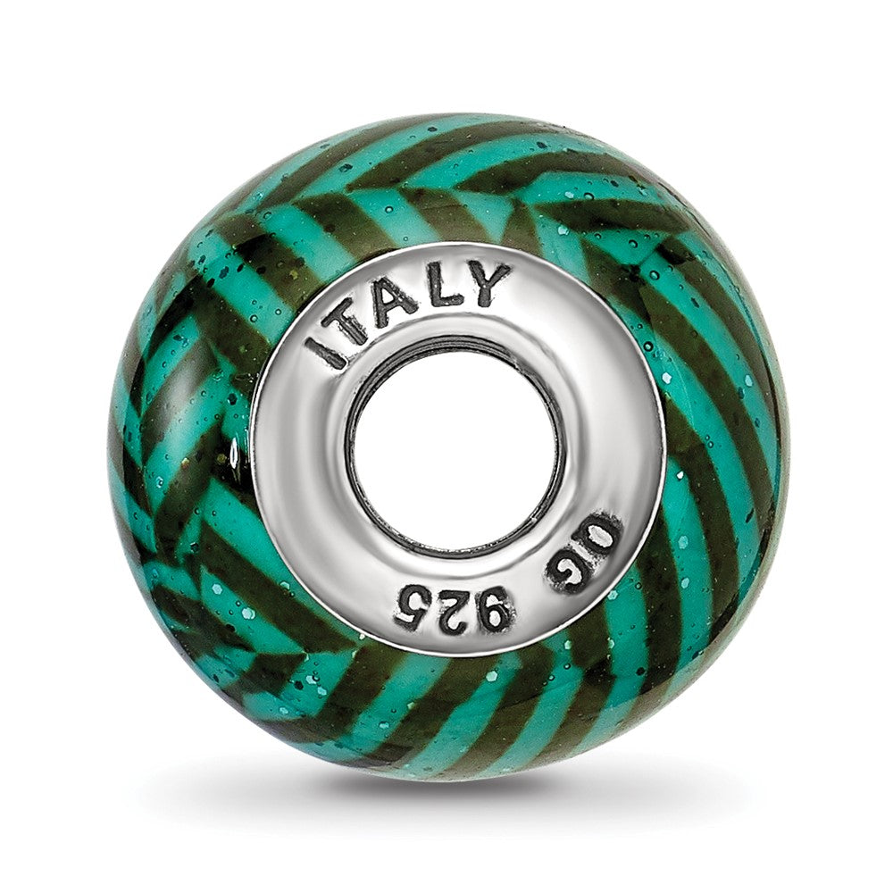 Sterling Silver Reflections Italian Teal Stripes w/Glitter Glass Bead