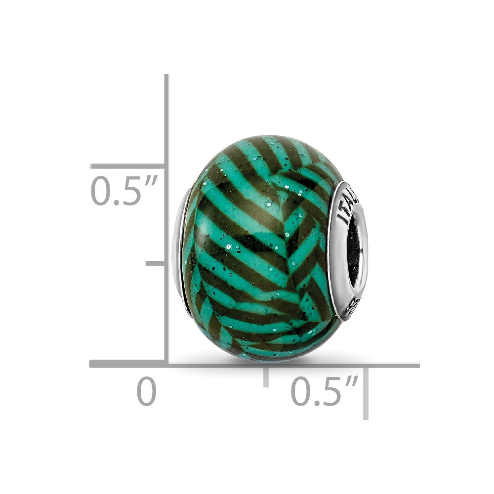 Sterling Silver Reflections Italian Teal Stripes w/Glitter Glass Bead