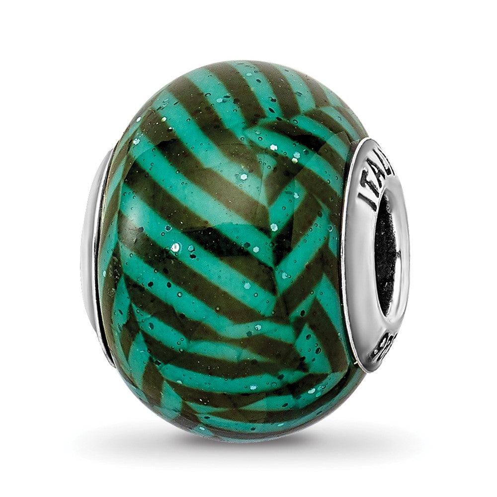 Sterling Silver Reflections Italian Teal Stripes w/Glitter Glass Bead