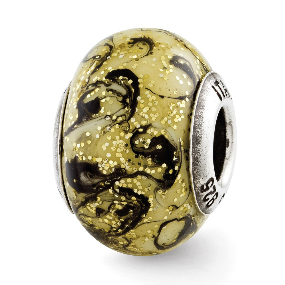 Sterling Silver Reflections Yellow w/Black Swirls Italian Murano Bead