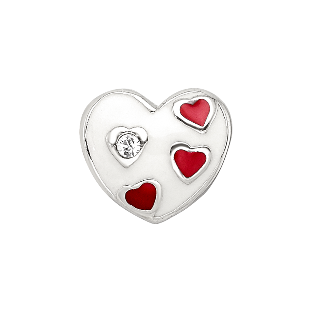 Kids Collection Sterling Silver Crystal and Enameled White Heart with Red Hearts Reflections Bead