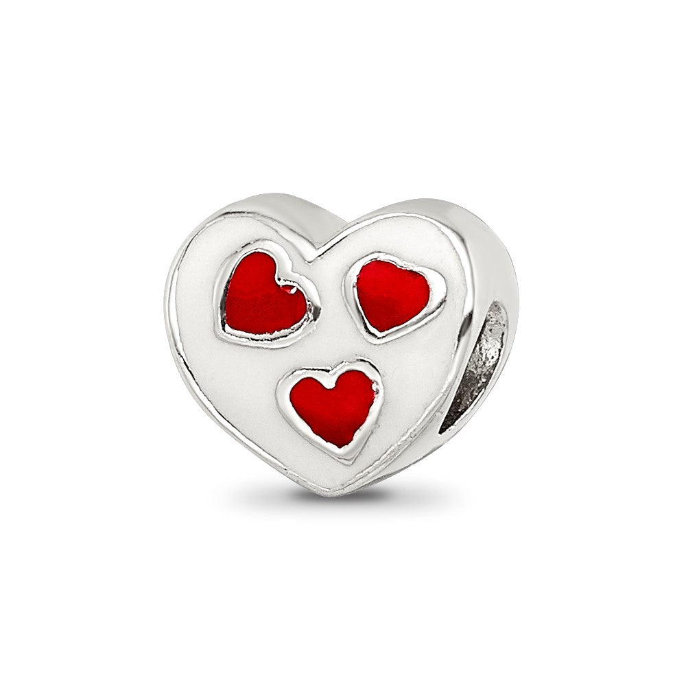 Kids Collection Sterling Silver Crystal and Enameled White Heart with Red Hearts Reflections Bead