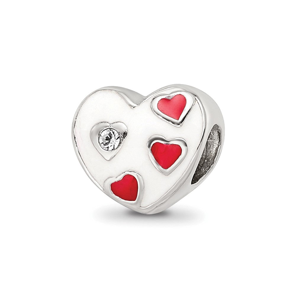 Kids Collection Sterling Silver Crystal and Enameled White Heart with Red Hearts Reflections Bead