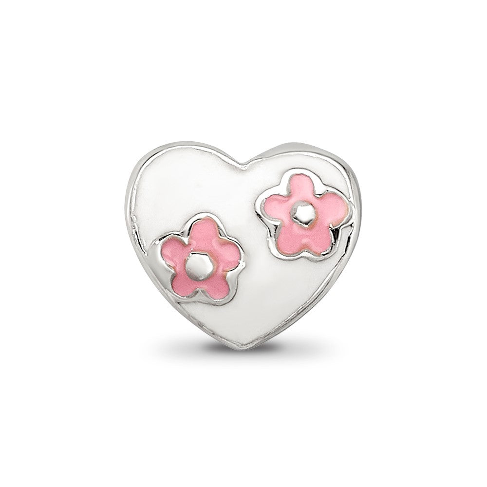 Kids Collection Sterling Silver Enameled White Heart with Pink Flowers Reflections Bead