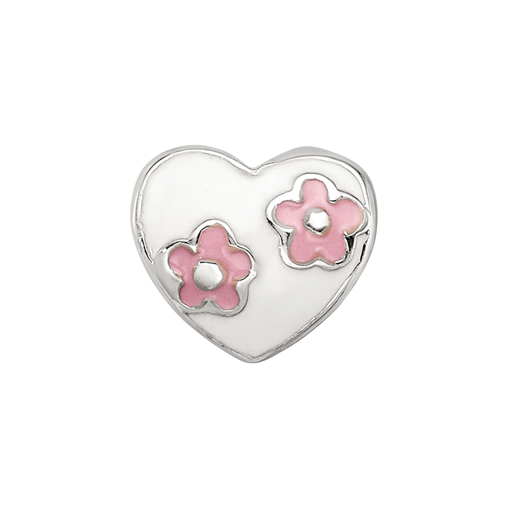 Kids Collection Sterling Silver Enameled White Heart with Pink Flowers Reflections Bead