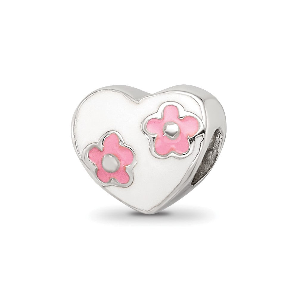 Kids Collection Sterling Silver Enameled White Heart with Pink Flowers Reflections Bead