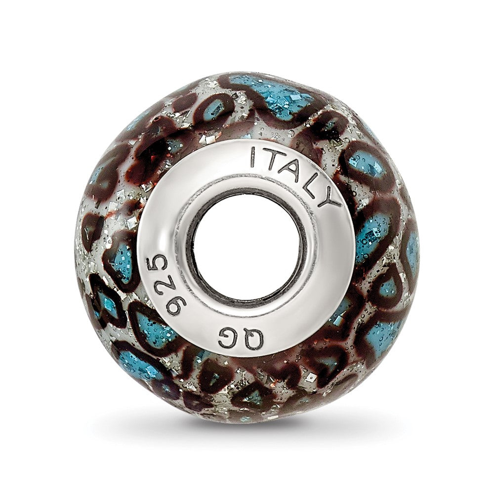 Sterling Silver Reflection Teal Print Overlay Italian Glass Bead