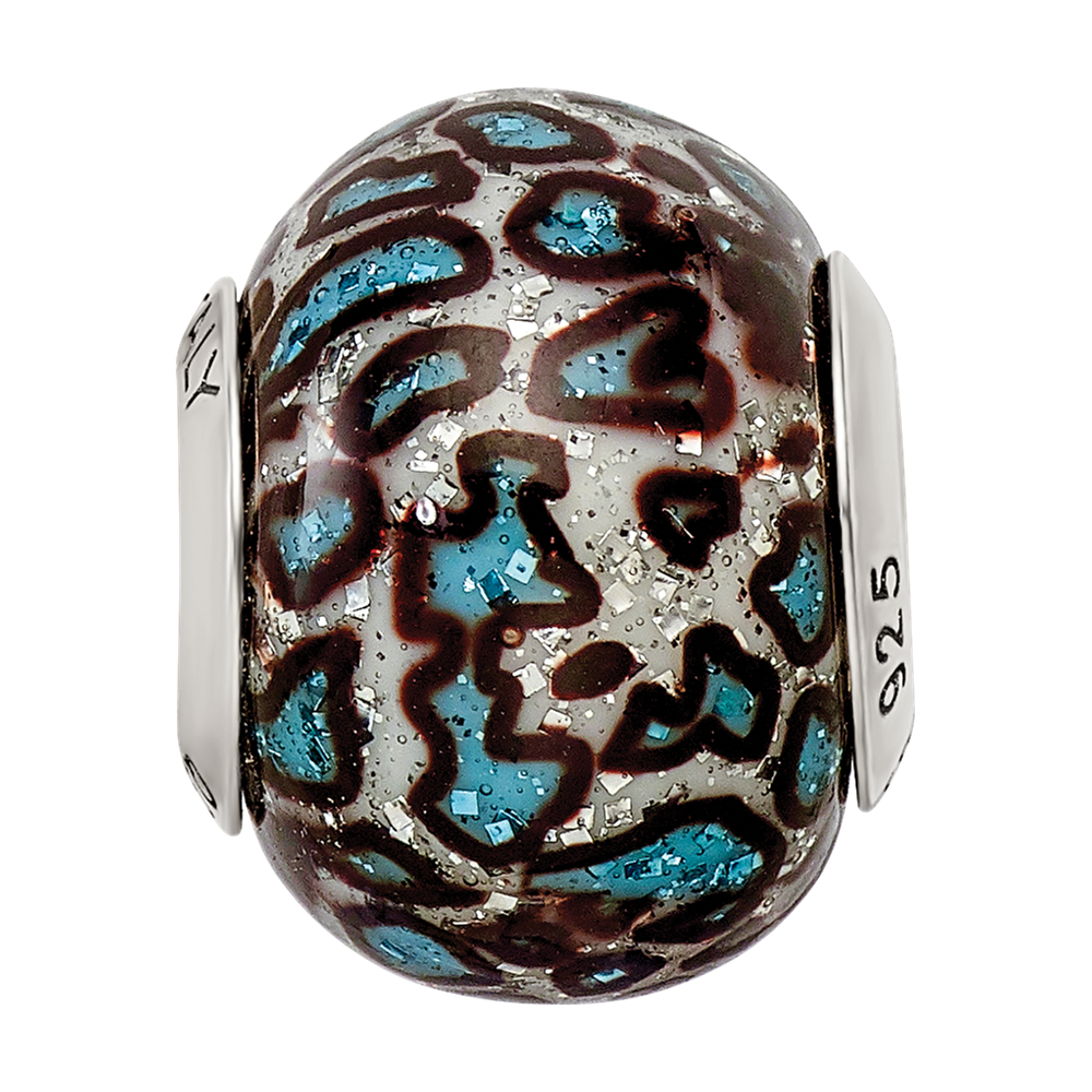 Sterling Silver Reflection Teal Print Overlay Italian Glass Bead