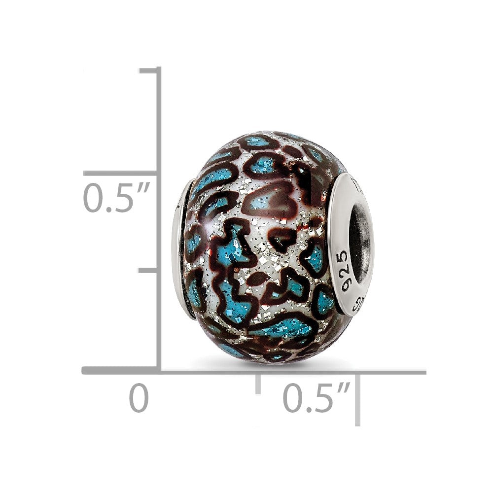 Sterling Silver Reflection Teal Print Overlay Italian Glass Bead