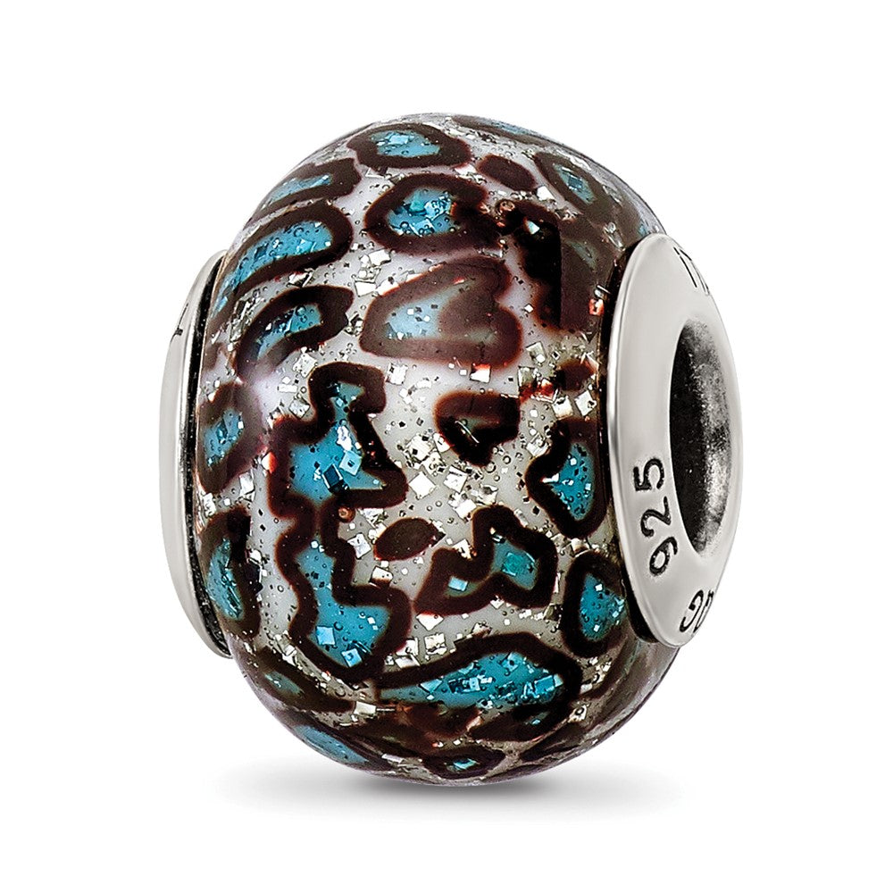 Sterling Silver Reflection Teal Print Overlay Italian Glass Bead