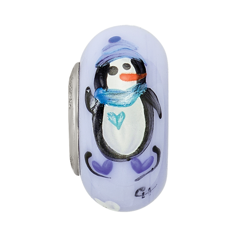 Sterling Silver Blue Hand Painted Penguins Fenton Glass Bead