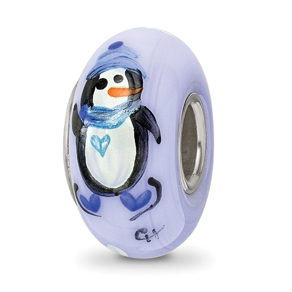 Sterling Silver Blue Hand Painted Penguins Fenton Glass Bead