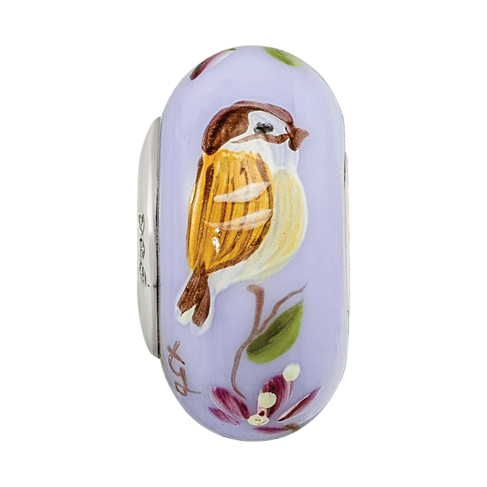 Ster.Silver Reflections Hand Painted Sparrow Fenton Glass Bead