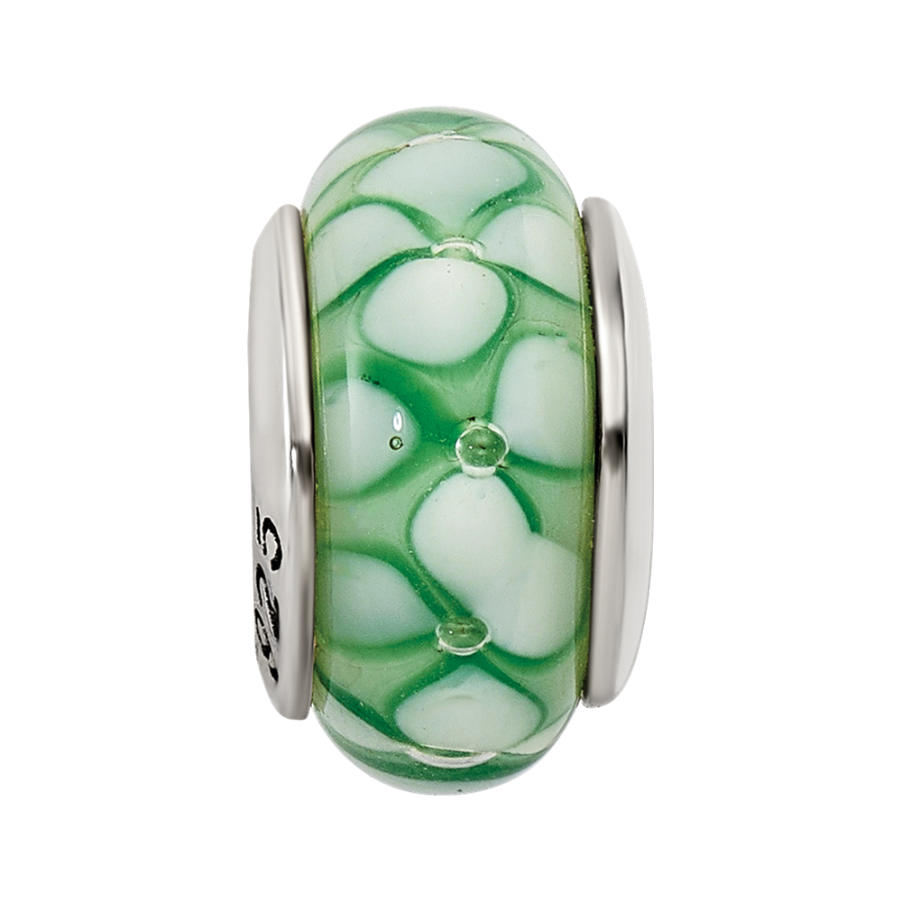 Sterling Silver Reflections Green Floral Hand-blown Glass Bead