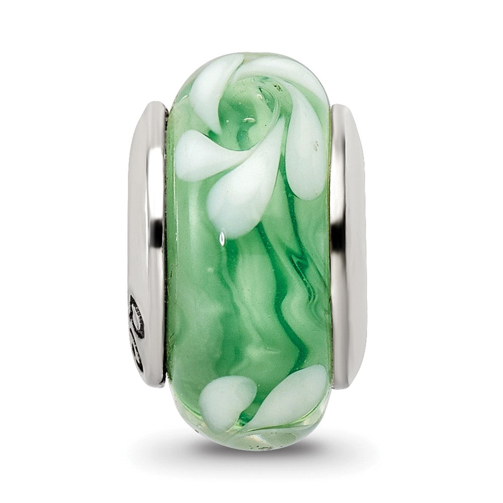 Sterling Silver Reflections Green/White Hand-blown Glass Bead