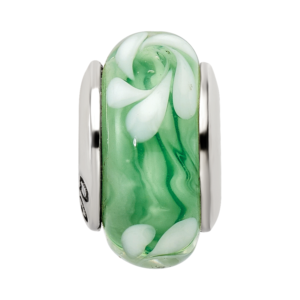 Sterling Silver Reflections Green/White Hand-blown Glass Bead